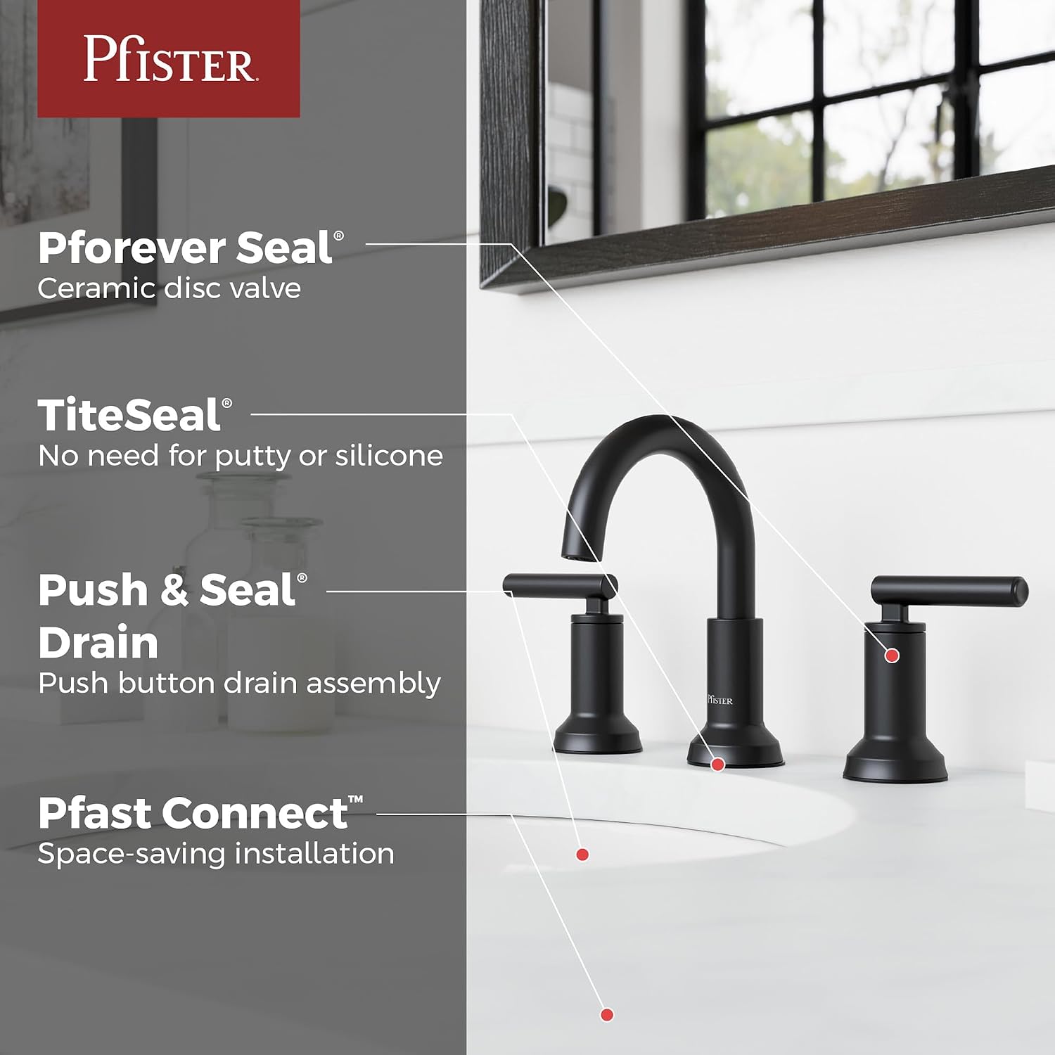 Pfister Capistrano Widespread 3 Hole Matte Black Bathroom Sink Faucet with 2 Handles Push & Seal Drain NSF Certified Spot Defense Finish Farmhouse Style Vanity LF049CSOSDB Spot Defense Matte Black 1 Pack Widespread